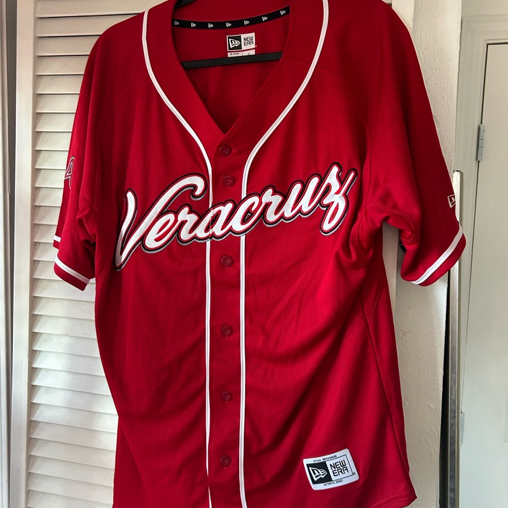 New Era Red Baseball Jersey with White Logo Label